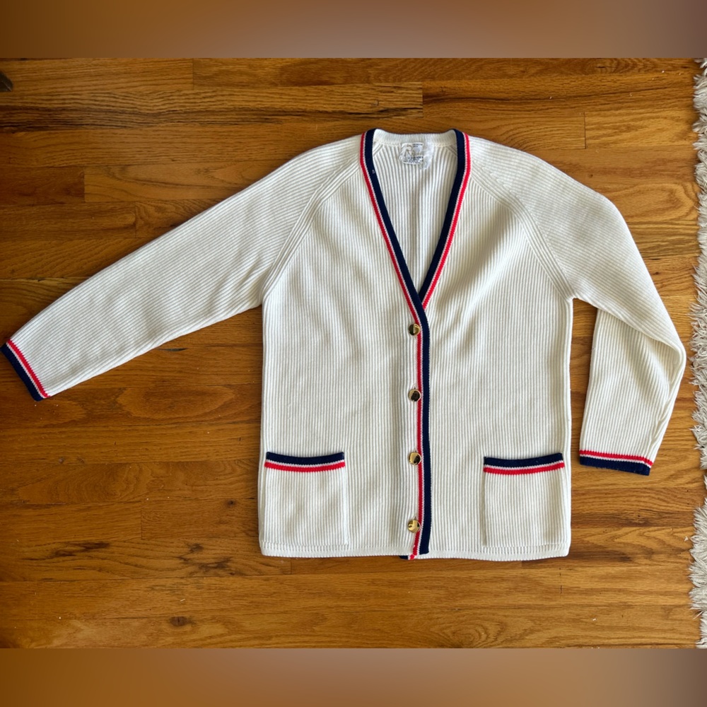 VTG 50s / 60s Rochelle By Serades Varsity Knit Cardigan Sweater White M